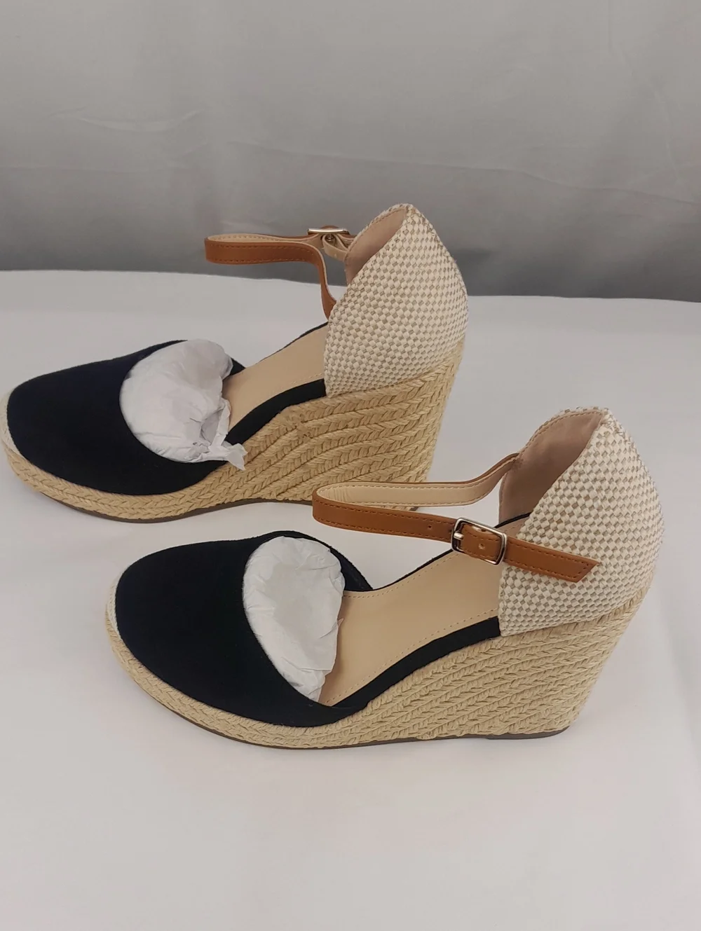 Fisace Espadrille Black Tan Closed Toe Strap Wedge Heels